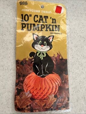 Vtg Halloween Eureka 10" Black Cat ‘n Pumpkin Honeycomb Tissue Decoration NIP
